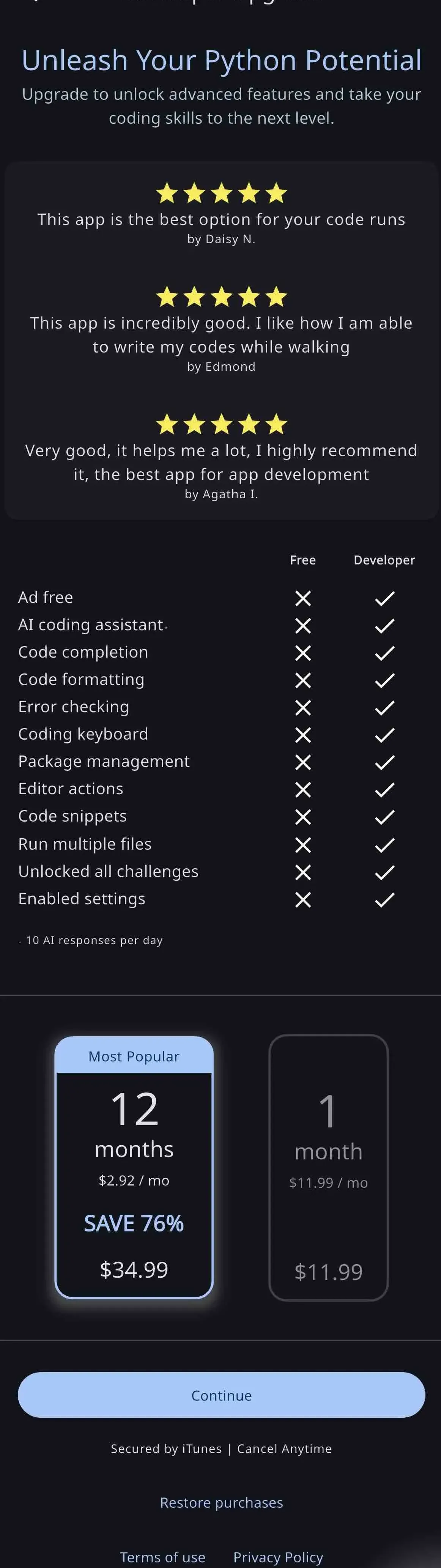 The paywall screen of the true app