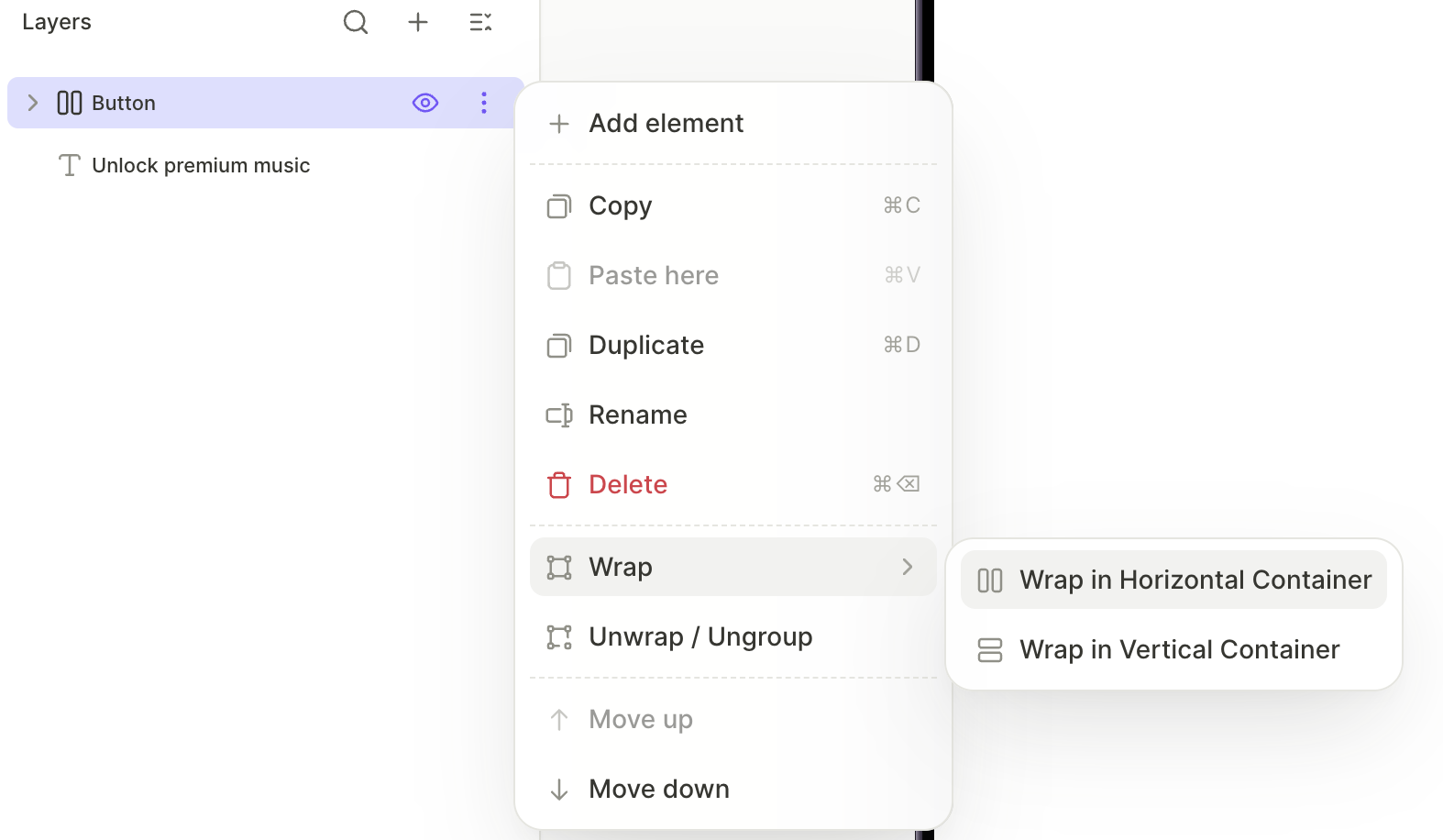 Three-dot context menu on the close button layer showing Wrap in Horizontal Container