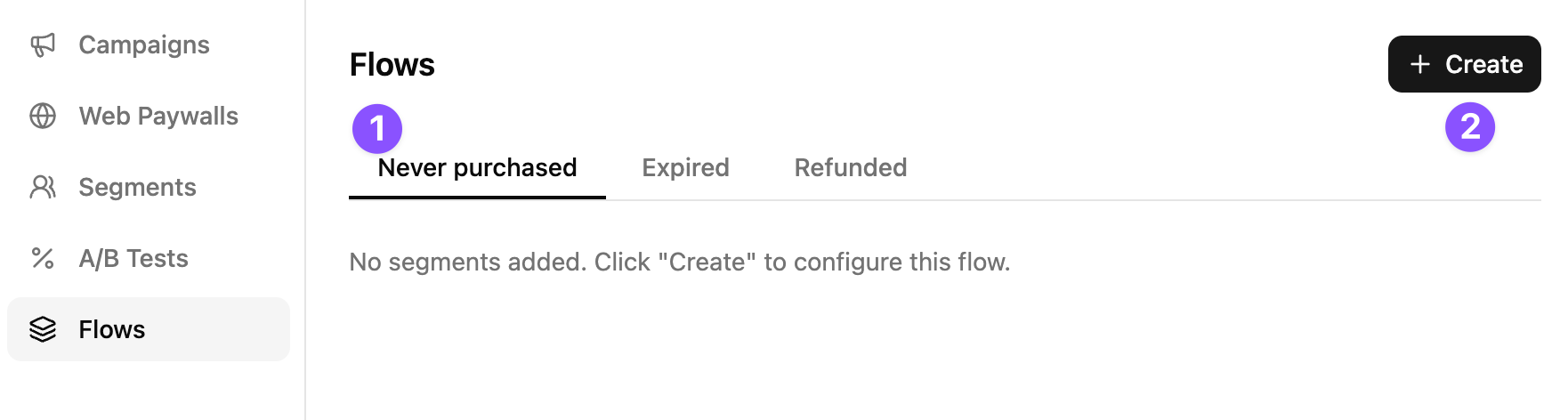 Create flow dialog with Segment, Content type, and Campaign fields