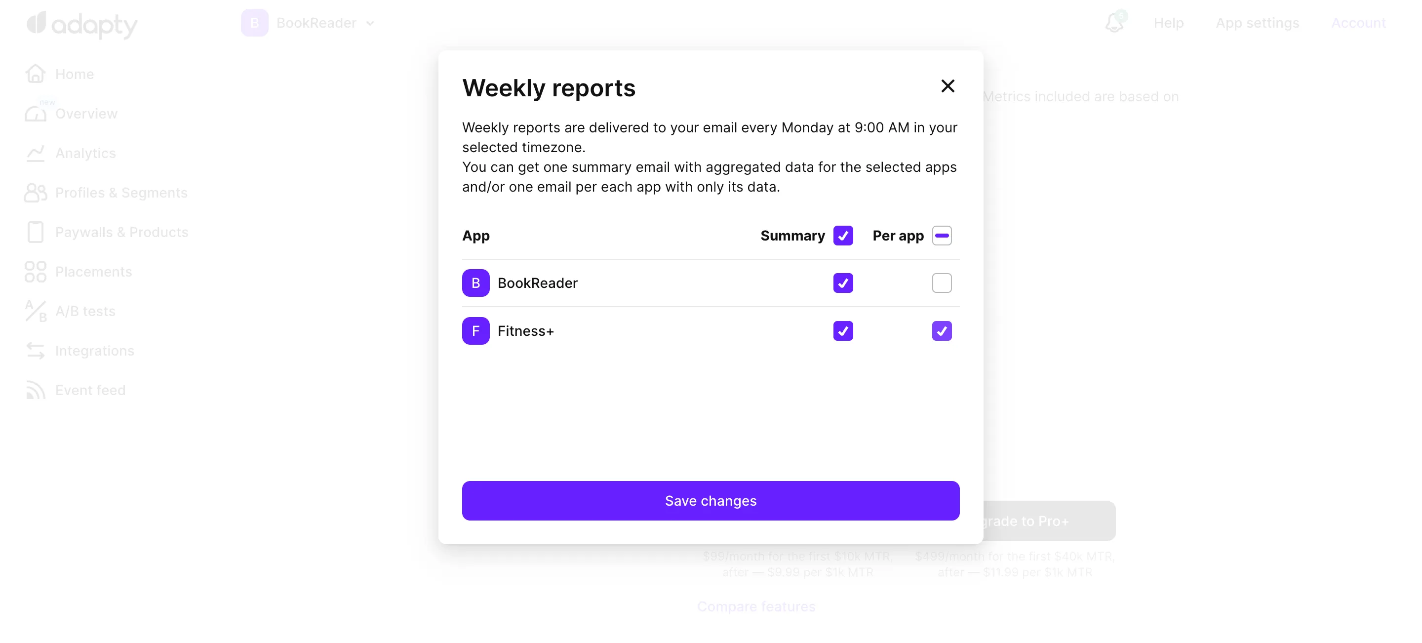 Per-app selection for email reports