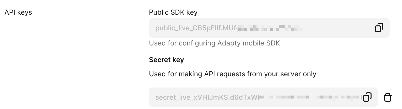 Adapty App settings General page with the secret API key in the Secret key field