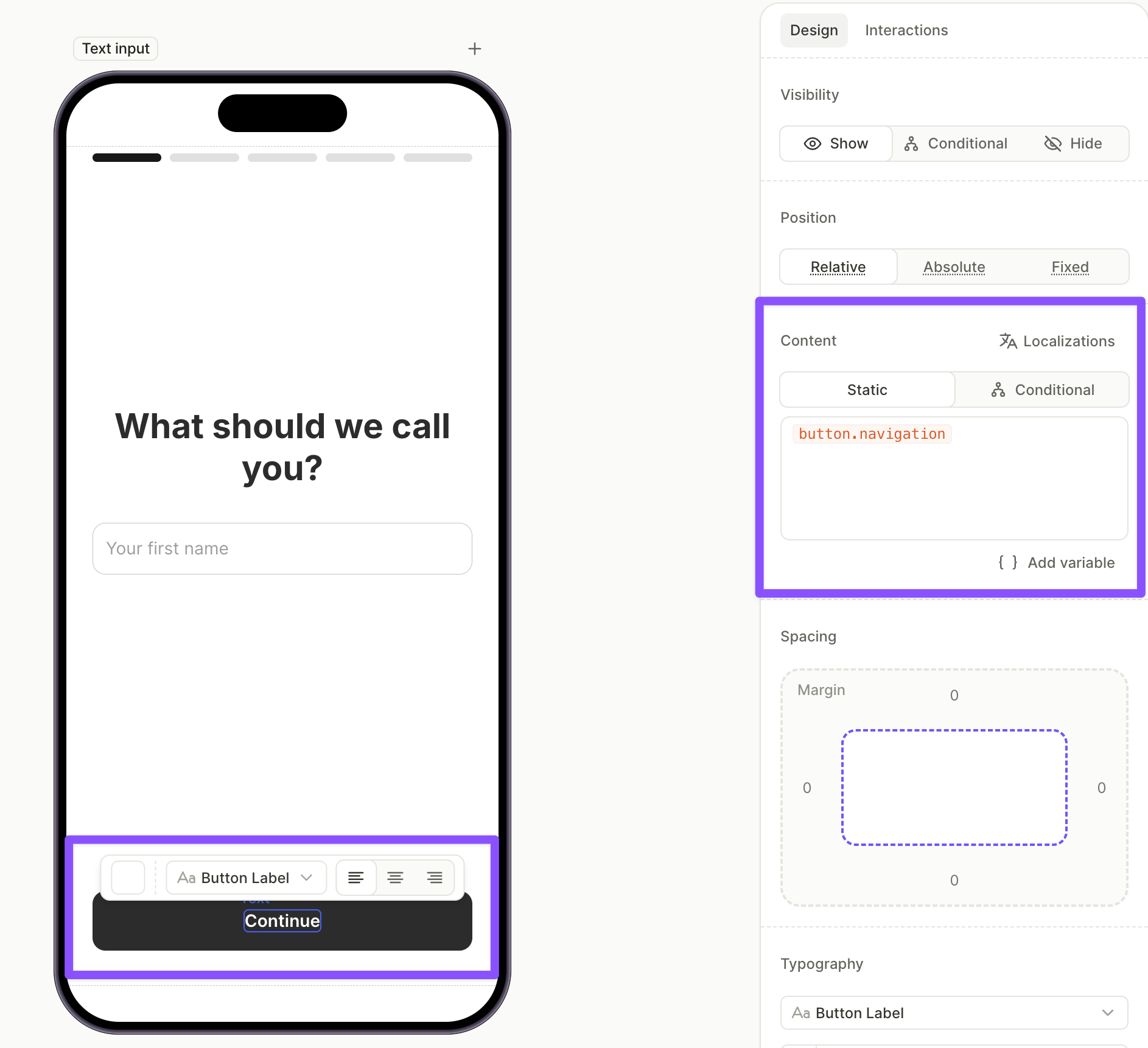 The same custom variable inserted into the Content field across multiple elements