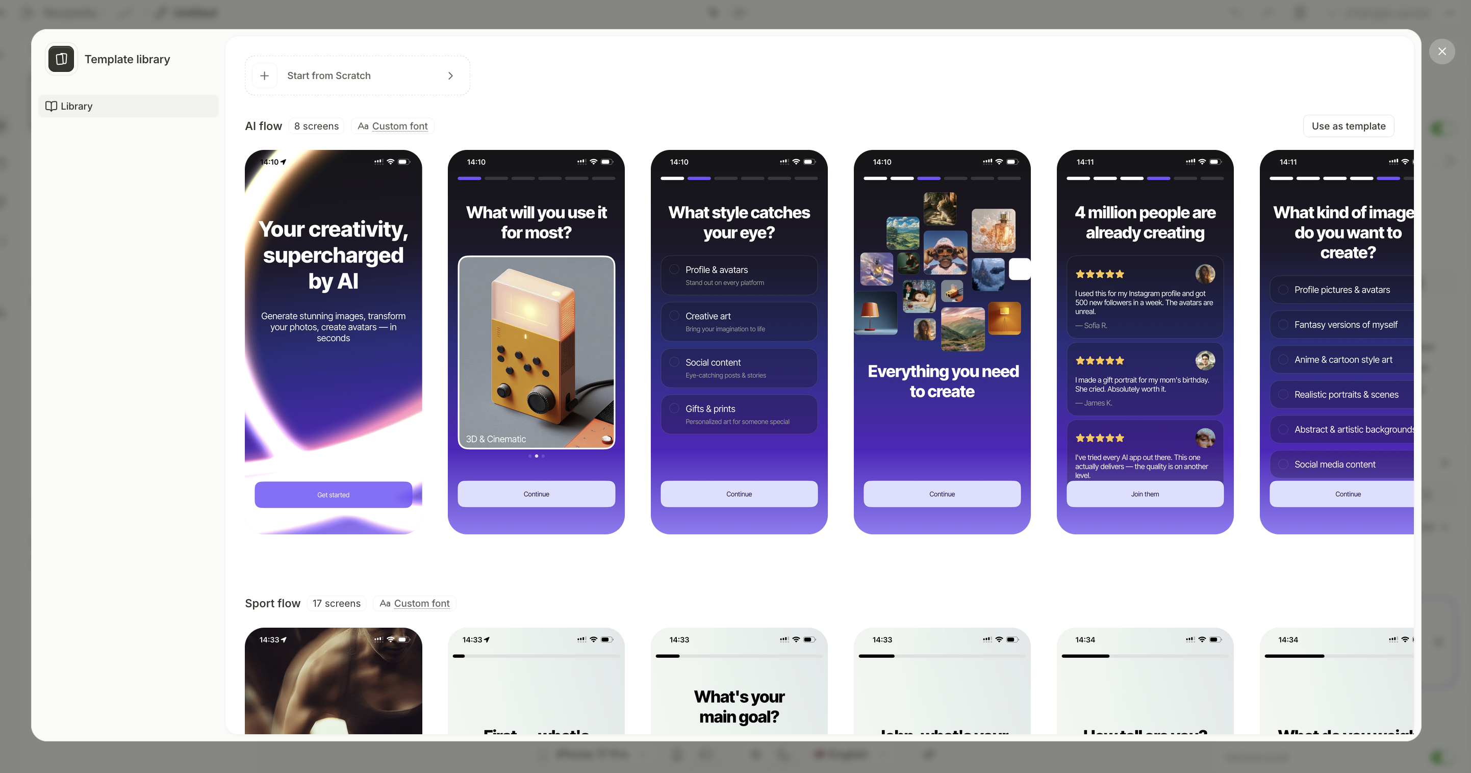 Template library modal with template cards